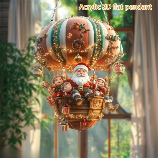 Christmas Hot Air Balloon Ornaments 2D Acrylic Xmas Tree Pendant Cartoon Santa In Hot Air Balloon Hanging Decoration for Trees Doors Windows Decor