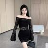 Spring Autumn Sexy Fashion Off the Shoulder Bodycon Lace Dress Women Flare Long Sleeve Slim Mini Vestidos Robe