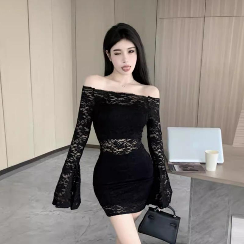 Spring Autumn Sexy Fashion Off the Shoulder Bodycon Lace Dress Women Flare Long Sleeve Slim Mini Vestidos Robe
