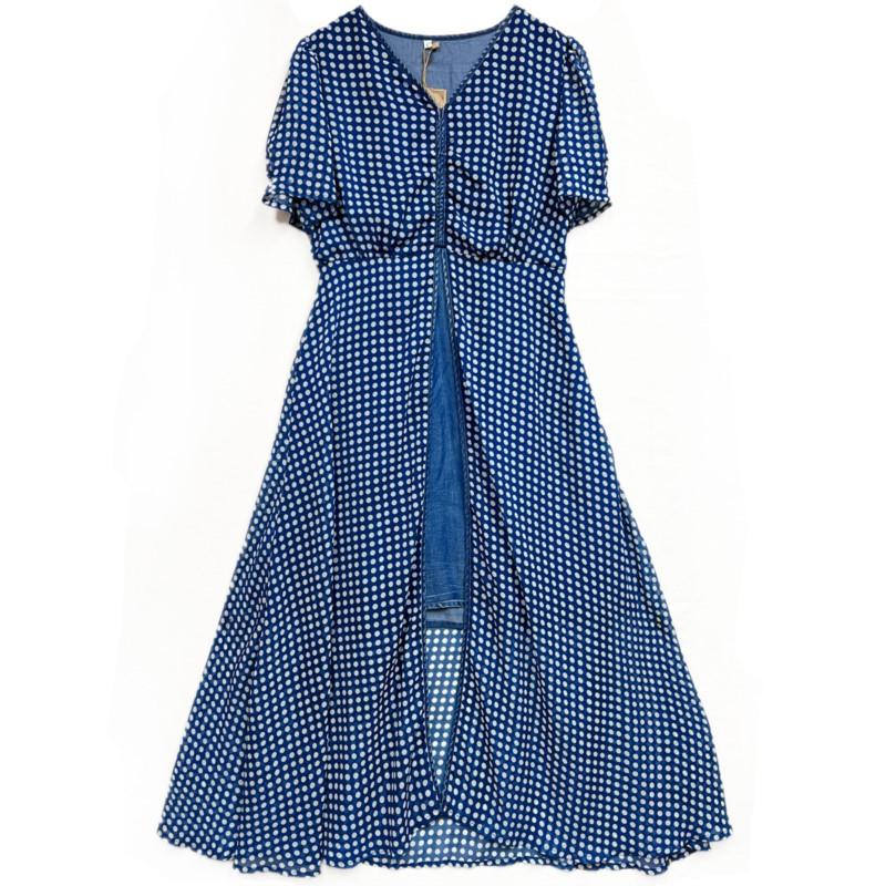Johnature Summer Women Vintage Polka Dots Dress Fashion Splicing Cotton Short Sleeves V-Neck Casual Dress