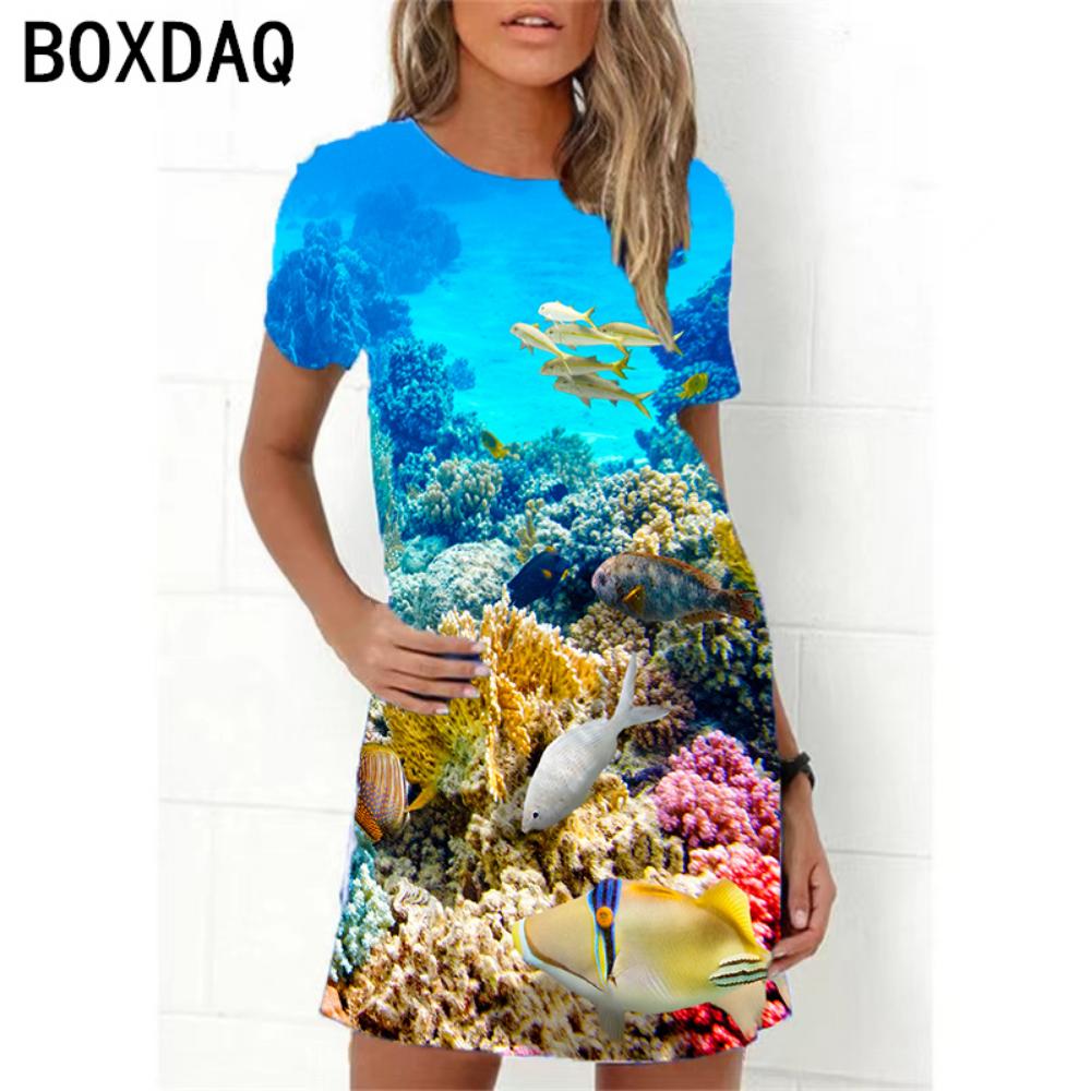 

Ocean World 3D Print Dress Women New 2026 Summer Short Sleeve Cartoon Fish A-Line Dress Oversized Loose Casual Ladies Dress S
