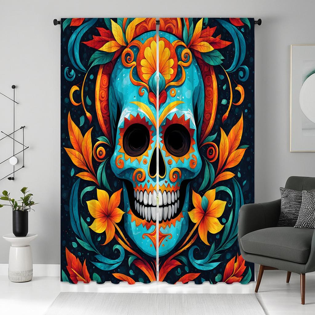 2pcs HD Mexican Day of the Dead Sugar Skull Curtain Blue Tie Digital Printed Curtain Home Decor Style Decorate Living Room Be