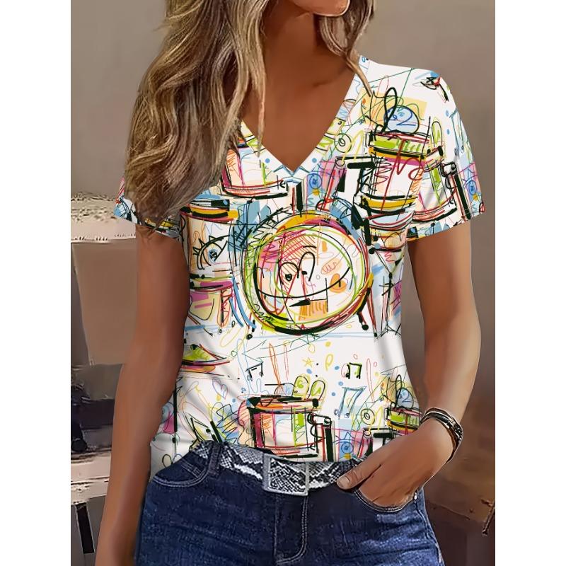 Vacation Abstract Painting with Color Block Patchwork And Colorful Graffiti Patterns, Full Print Breathable V-Neck Short-Sleeve T-Shirt S