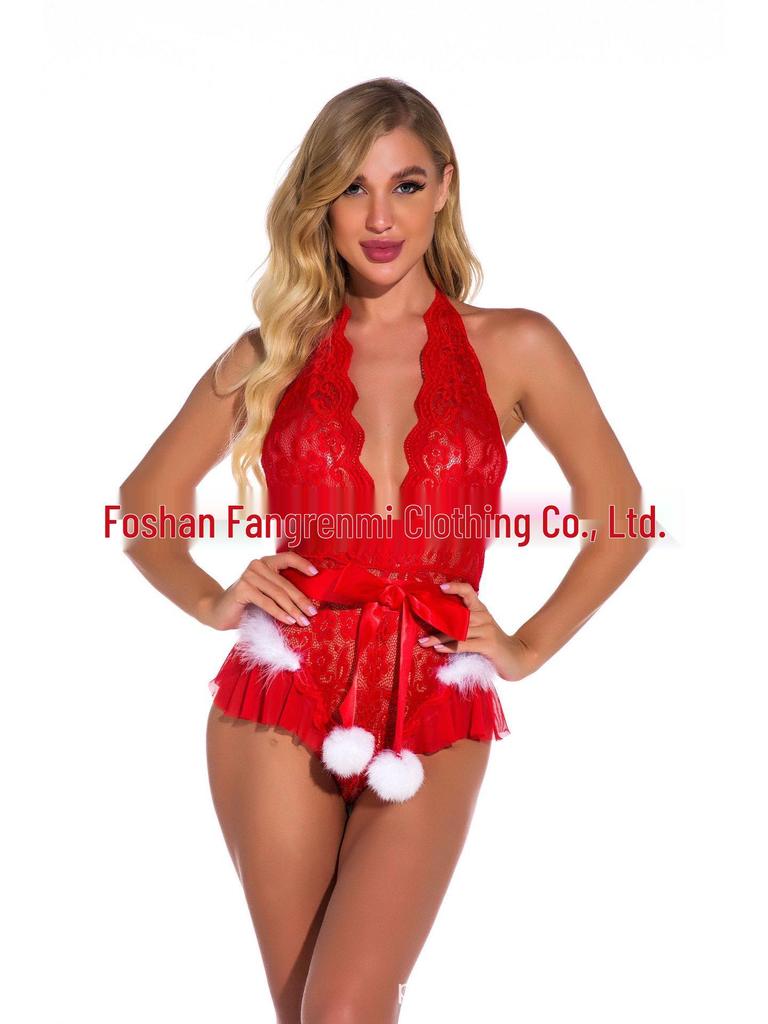 Sexy Red Backless Halter Neck Christmas Bodysuit for Women - Autumn/Winter Lingerie