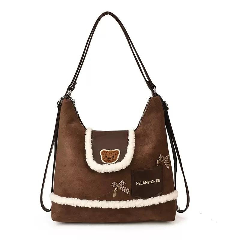 Small Bear Cartoon Backpack For Women With Suede Material And Adjustable Straps For Daily Use