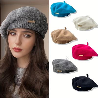 Berretto da Donna Stile Britannico Vintage, Acrilico Peluche con Spilla Metallica, Design a Nuvola Elastico per il Calore, Adatto per Tempo Libero all'Aperto, Viaggi