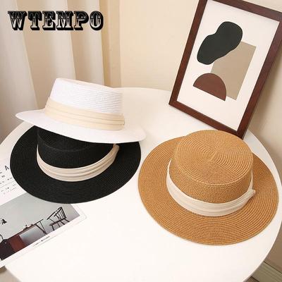 Elegante chapéu de palha de cor sólida estilo francês, design de topo plano, essencial para praia de verão para mulheres, perfeito para atividades ao ar livre, jardinagem e viagens