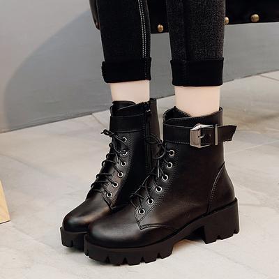 Black Short Boots Women's Thick-heeled Lace-up Belt Buckle Waterproof Platform Non-slip Short Boots European and American Women's Boots