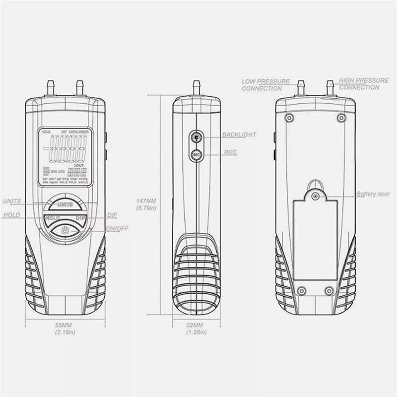 Digital Air Pressure Gauge HT-1890 Gas Manometer Dual Port Data Hold Meter For HVAC Gas Testing Applications