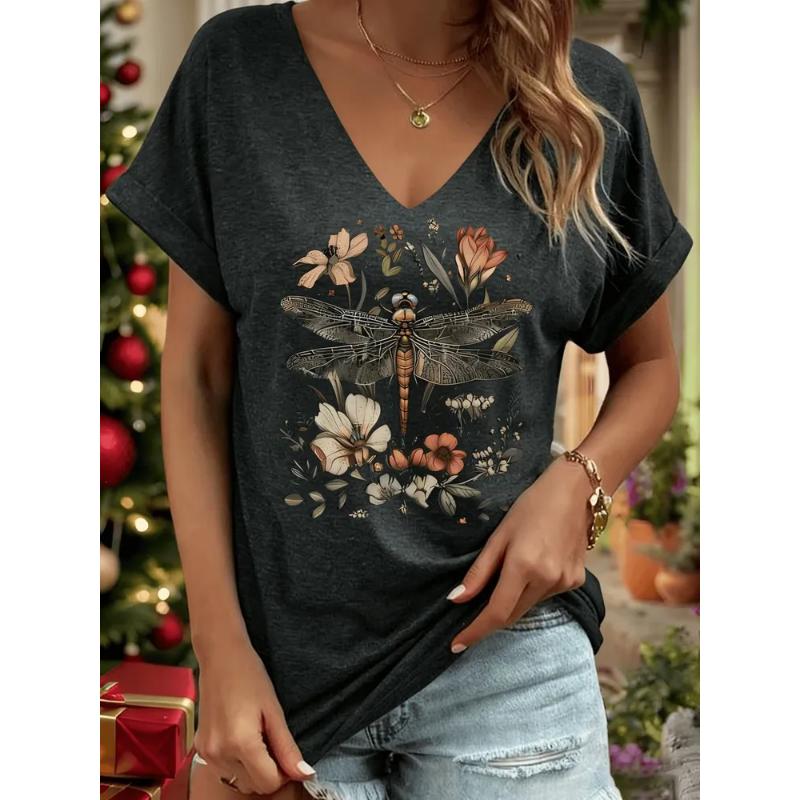 Fashion Women's V-Neck Short Sleeve 3D Casual Color Printing Casual Short Sleeve V-Neck T-Shirt