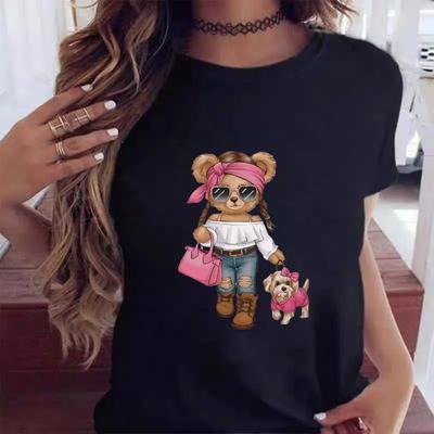 2025 Sommer Neues T-Shirt Damen Mode Bären-Print Kurzarm Tops Lässiger Pullover Street Y2k Mode T-Shirt Damen T-Shirts