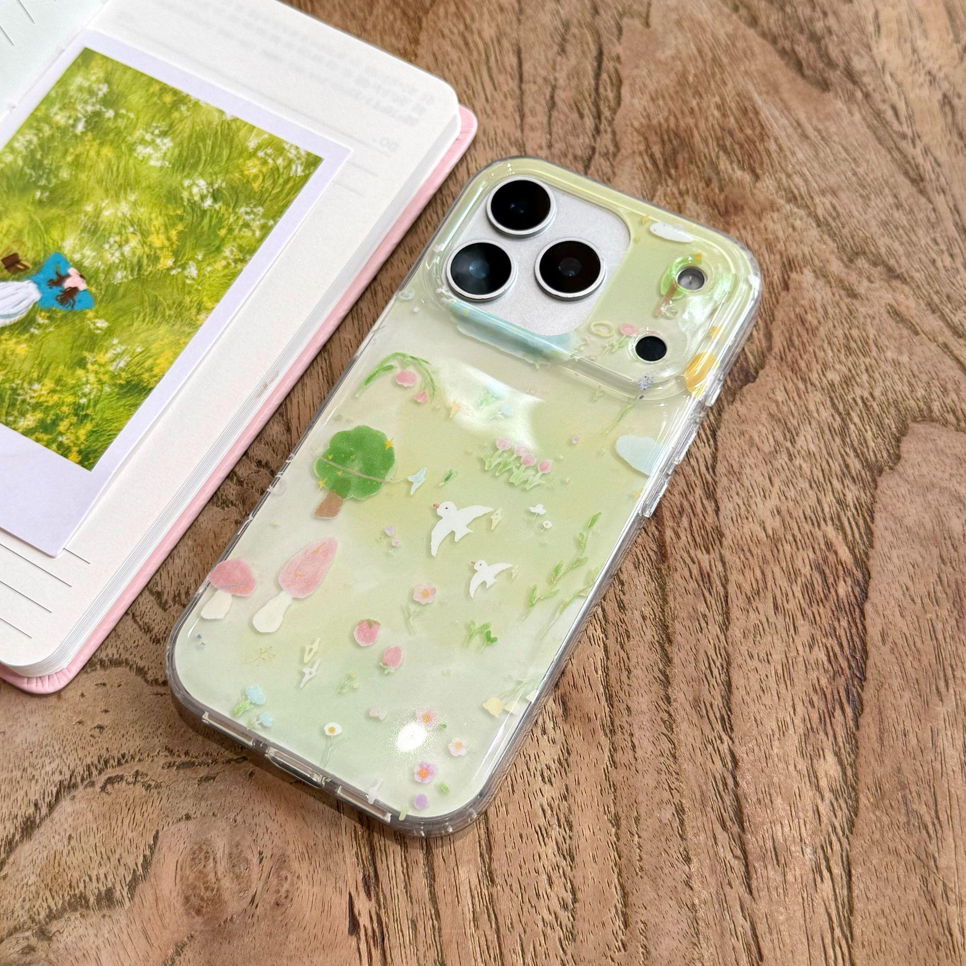 

Spring Forest Style Drop-Proof Transparent Silicone Case for Apple 16/15 Pro & 14/13/12 - Cute and Stylish Apple 15