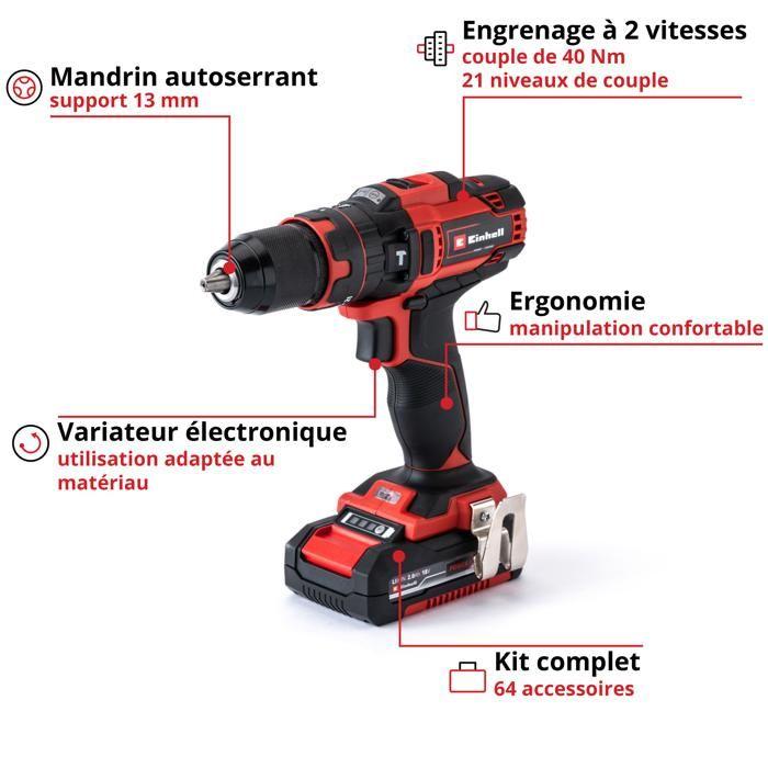 Einhell perceuse visseuse à percussion sans fil te-cd 18/40 li-i + 64 accessoires pxc (18v) livré avec 2 batteries 2ah, chargeur