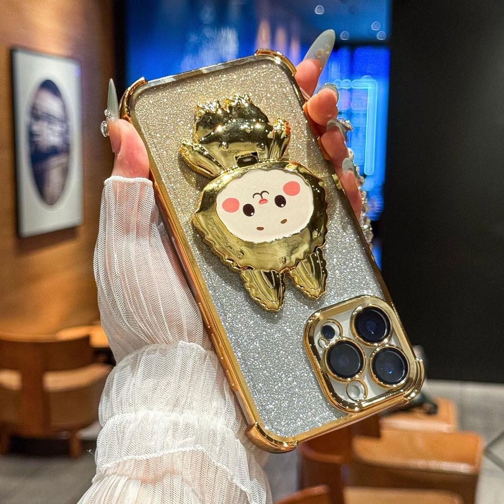 Cute Cartoon Mirror Phone Holder Glitter Gradient Plating Phone Case Cover for iPhone 17 16 15 14 13 12 11 Pro Max Plus Air