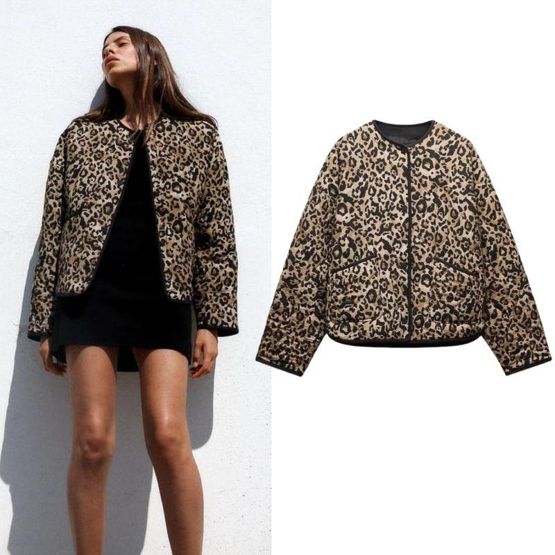 Autumn and Winter New Women clothes Light and Versatile Leopard Print Animal Print round Neck Cotton-padded jacket Jacket 8110488