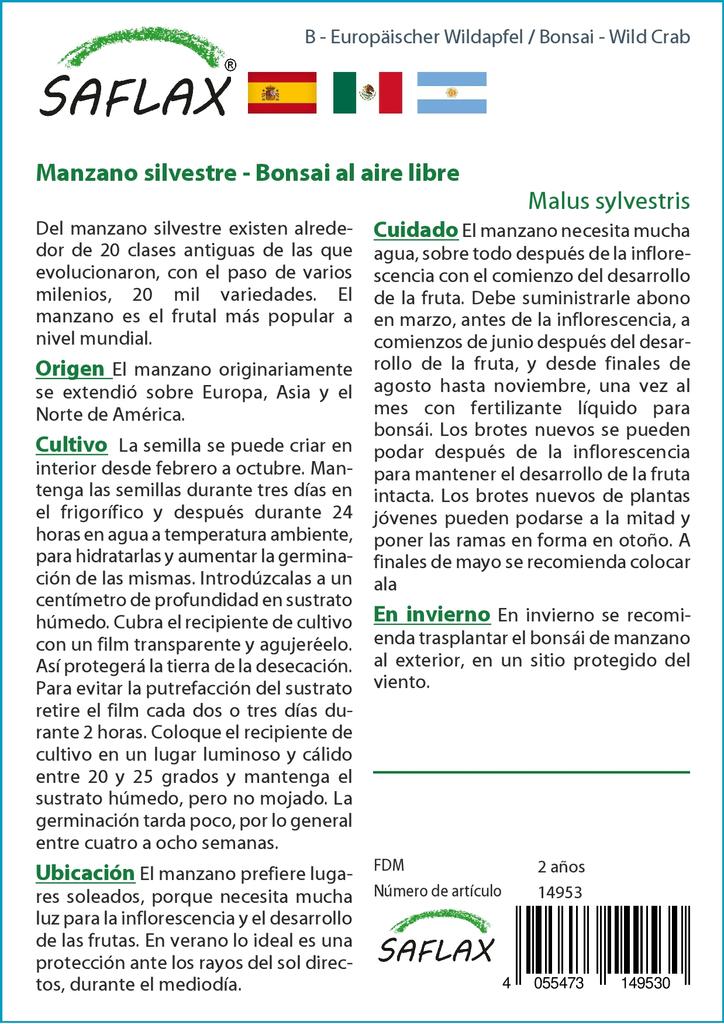 SAFLAX Garden In the Bag - Bonsai - Wild Crab - 30 Seeds - With Substrate In a Fitting Stand Up Bag - Malus Sylvestris