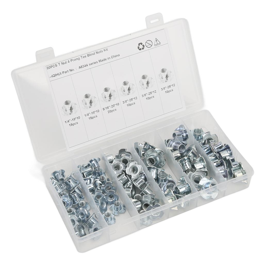 80Pcs T Nuts Carbon Steel Galvanized Layer Rust Resistant Sturdy 1 4in 5 16in 3 8in Pronged Tee Nut