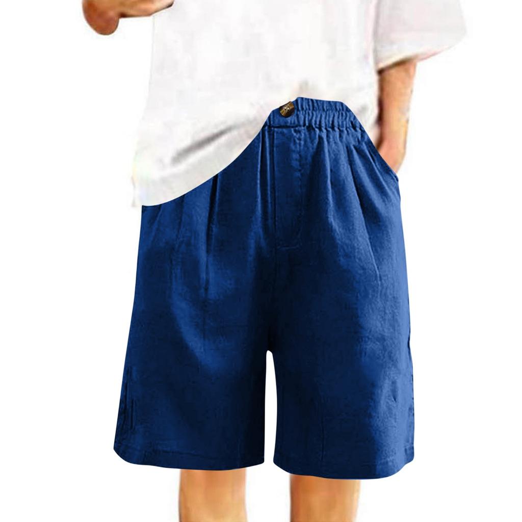 Women's Fashion Color Pants Pocket Button Up Capris Loose Elastic Waist Cotton Linen Shorts