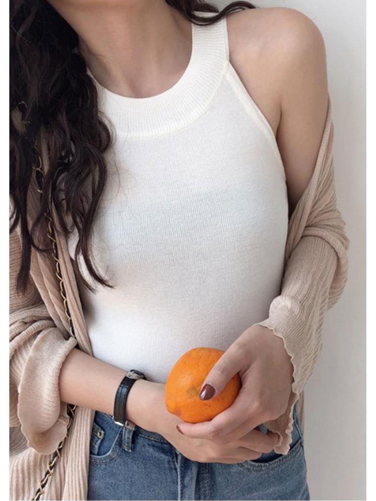 Damen Schwarzes Ärmelloses Strick Halter Tanktop für den Sommer