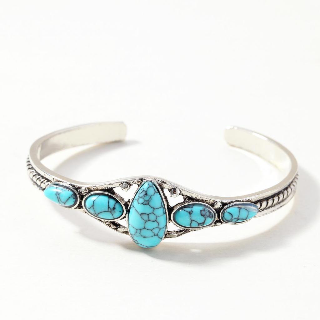 Bohemian Turquoise Carved Open Bangle Bracelet for Women