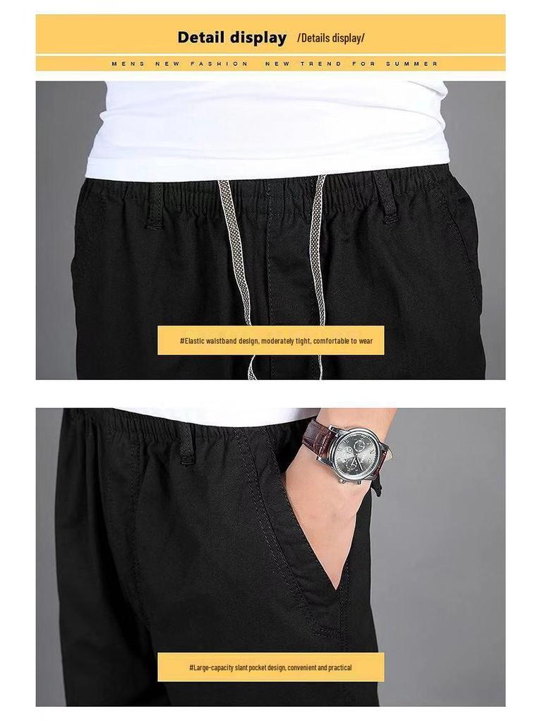 Men's Plus Size Casual Cargo Pants, Spring/Autumn, Cotton, Elastic Waist, Loose Fit, Straight Leg, Middle-Aged Style