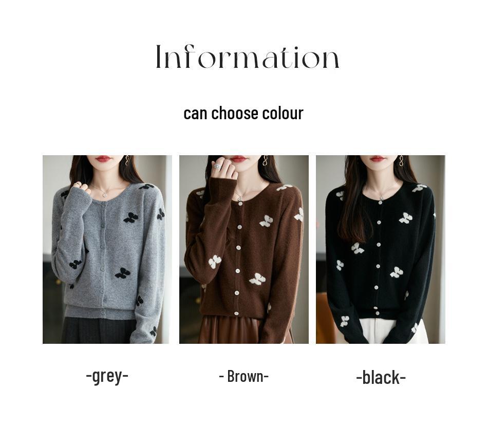 2025 Stylish Bow Jacquard Wool Knit Cardigan - Round Neck, Single-Breasted Thin Sweater Coat