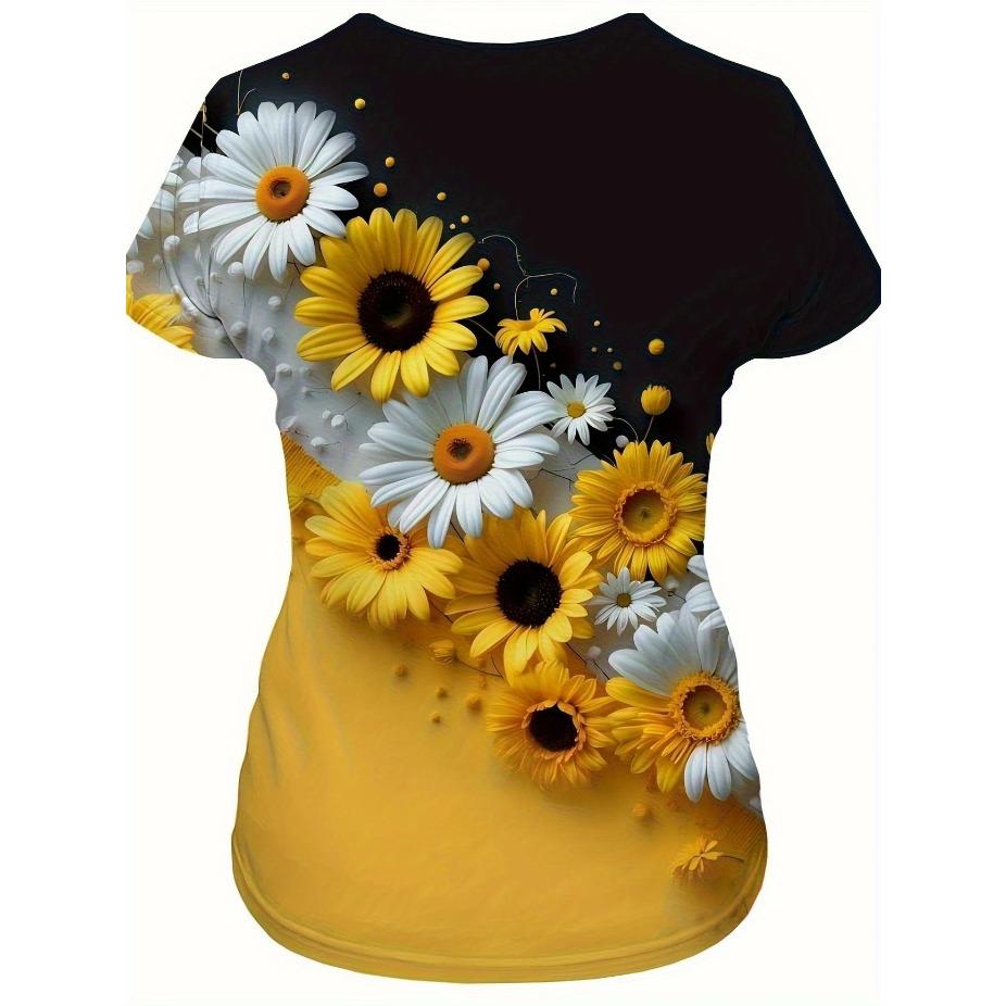 Tricou de damă cu imprimeu floral - Galben viu și albastru margaretă gât rotund mânecă scurtă top casual pentru toate anotimpurile tricouri de damă