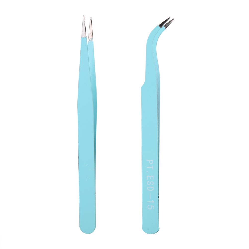 2Pcs Stainless Steel Nail Art Tweezers Anti static Straight Curved Head Manicure Tweezers Blue