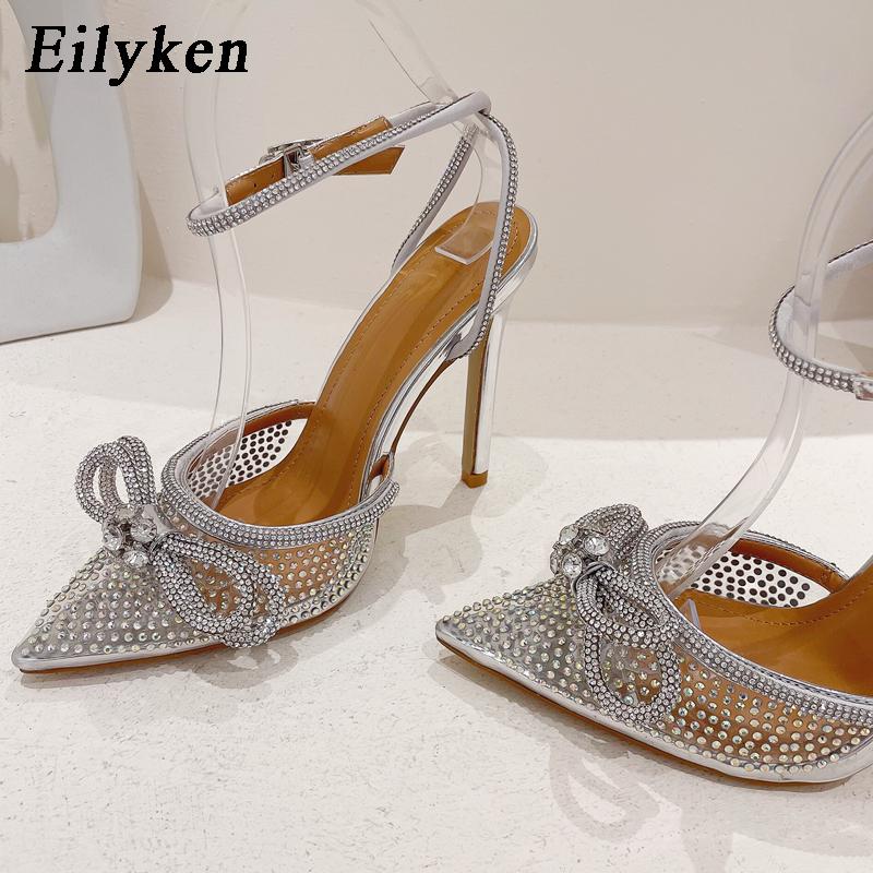 Fashion Eilyken PVC Transparent Silver CRYSTAL Women Pumps Fashion Ankle Strap Bridal Thin High Heels Spring Autumn Wedding Party Shoes