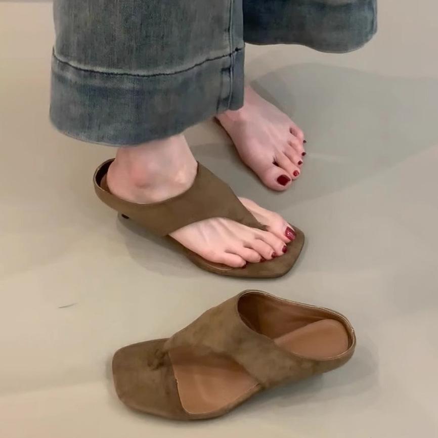2025 summer wear retro high heels women's head open-toed sandals simple temperament thin heel flip-flops shoes