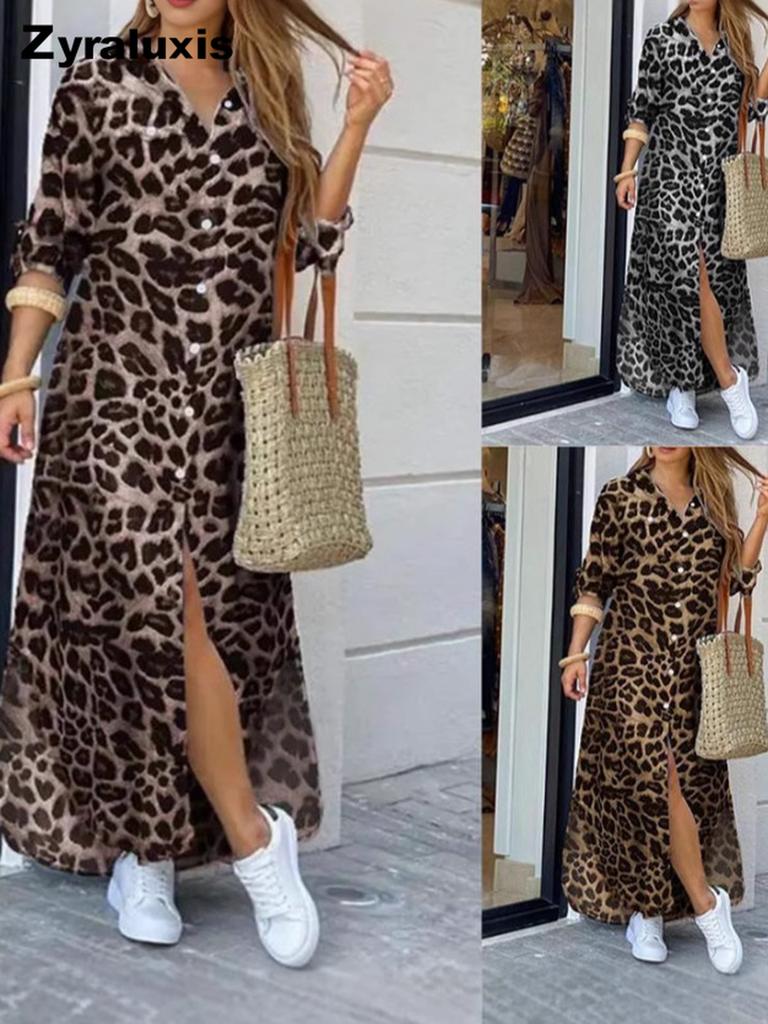 New Women's Spring/Summer Leopard Print Fashion Ripped Long Sleeve Shirt Dress