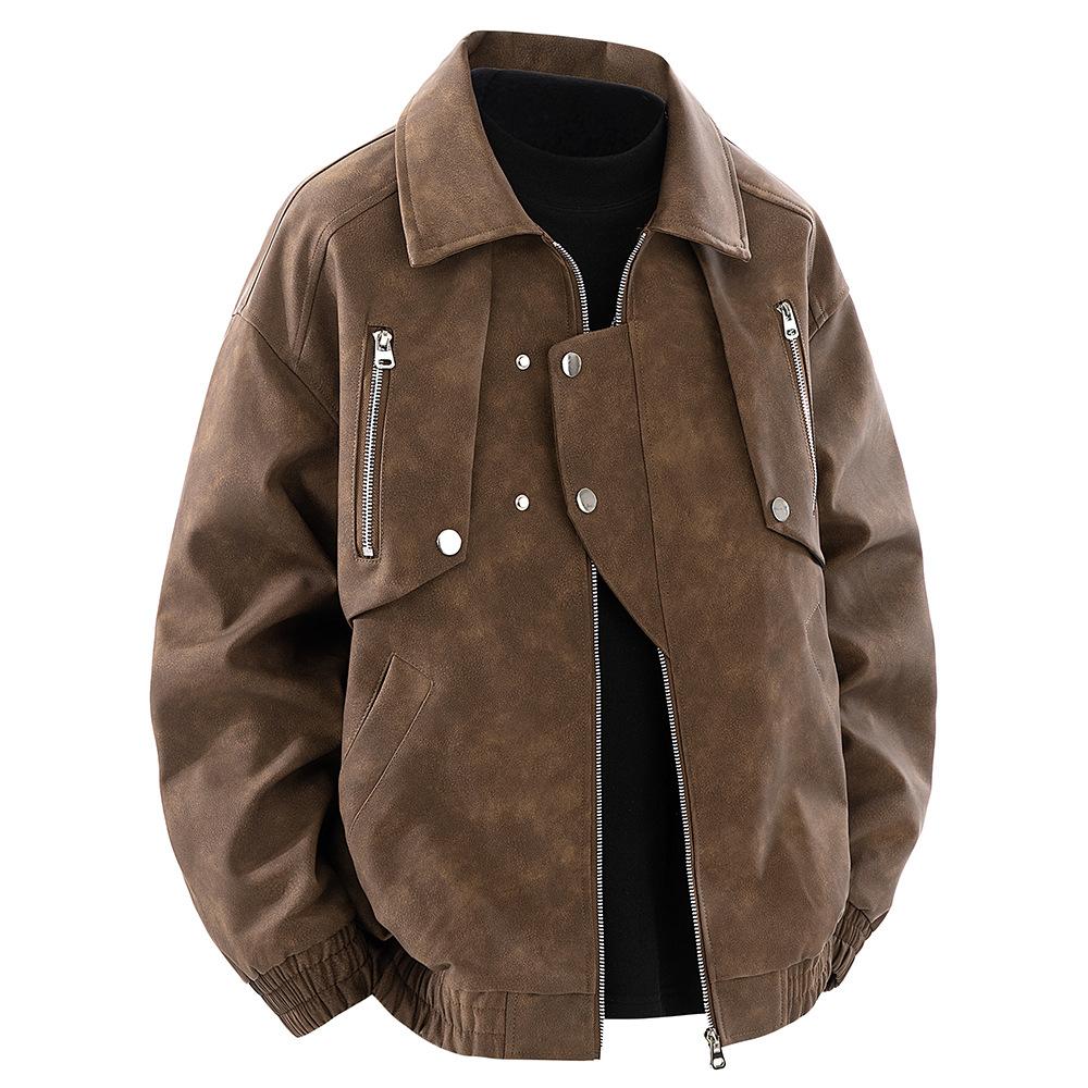 Men's Lapel Leather Jacket Men's Spring and Autumn American Trendy Versatile Zipper Pu Leather Jacket Jacket