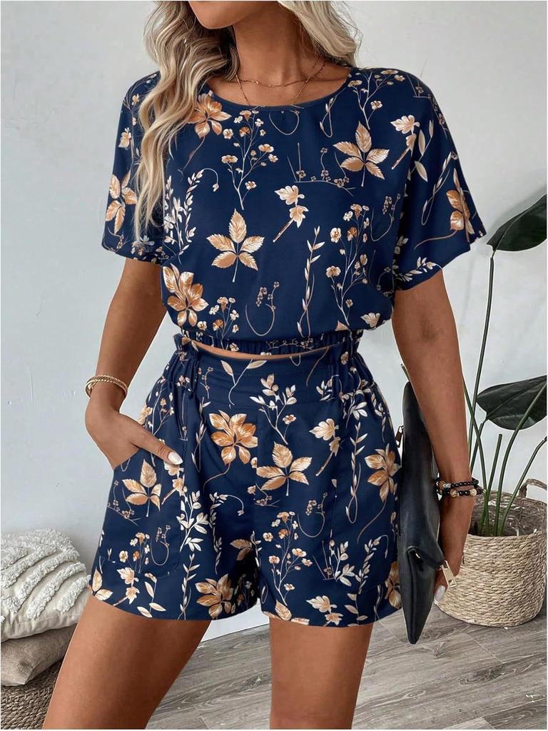2025 European and American Cross-border Amazon Summer New Fashion Printing Set Loose Casual Shirt Shorts Two-piece Set
