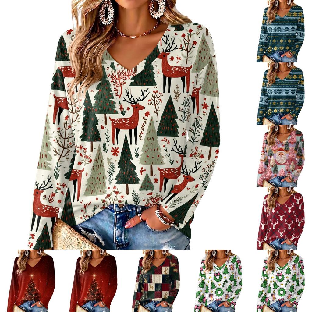 Women's V-Neck Long Sleeve Christmas Print Lightweight Blouse for Spring Summer