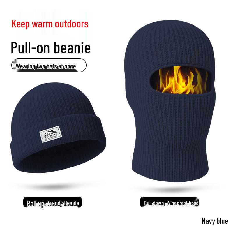 European and American Style Thick Woolen Beanie with Ear Flaps - 2-in-1 Knitted Hat & Adjustable Face Protection for Warm Cycling