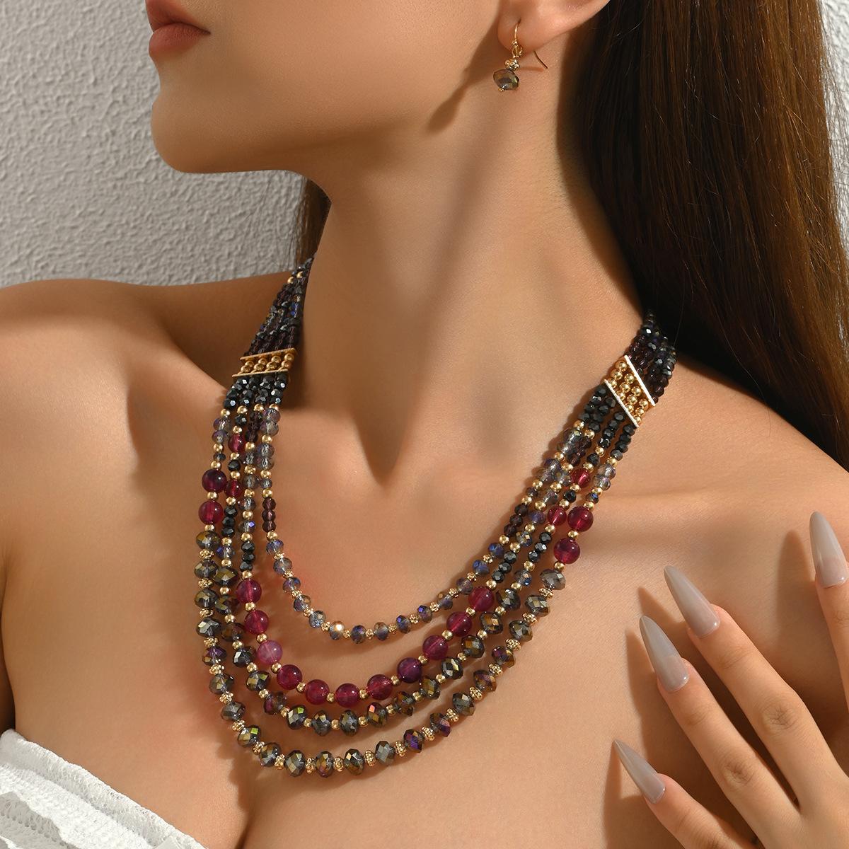 

Multilayer Vintage Elegant Glass Beads Choker Necklace and Earrings Set for Women Fashion Jewelry Hot Sale Party Gift New Style