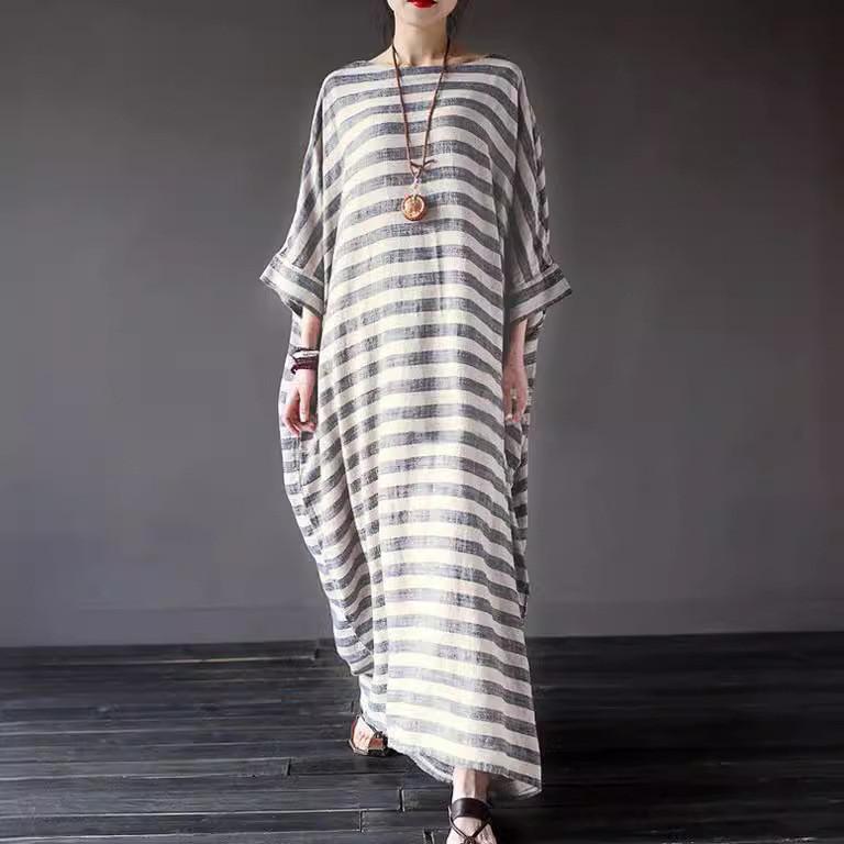 Vintage Linen Cotton Striped Long Dress With Loose Fit For Casual Women