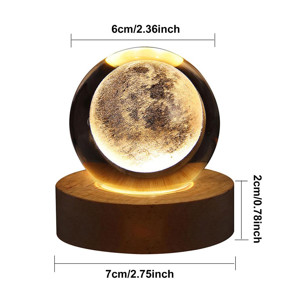 Lampada Notturna Sfera Di Cristallo 3D Sistema Solare Con Base In Legno - Luce Da Comodino Decorativa Per Camera Bambini E Regalo Compleanno (8 Cm, Modello 2/8)