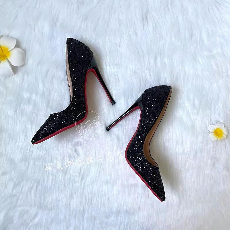 Black Red-soled High Heels Women's Stilettos 2025 Autumn and Winter New Sequined Crystal Wedding Shoes Pointed Professional Sexy Single Shoes