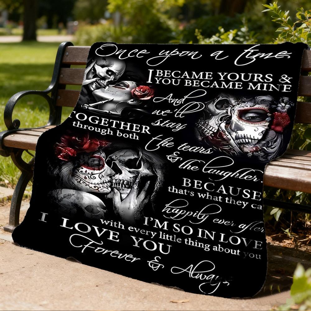 1pc Skull Couple Love Throw Blanket Polyester Fiber, Lightweight Flannel, Soft & Warm, All Season Use for Outdoor, Camping
