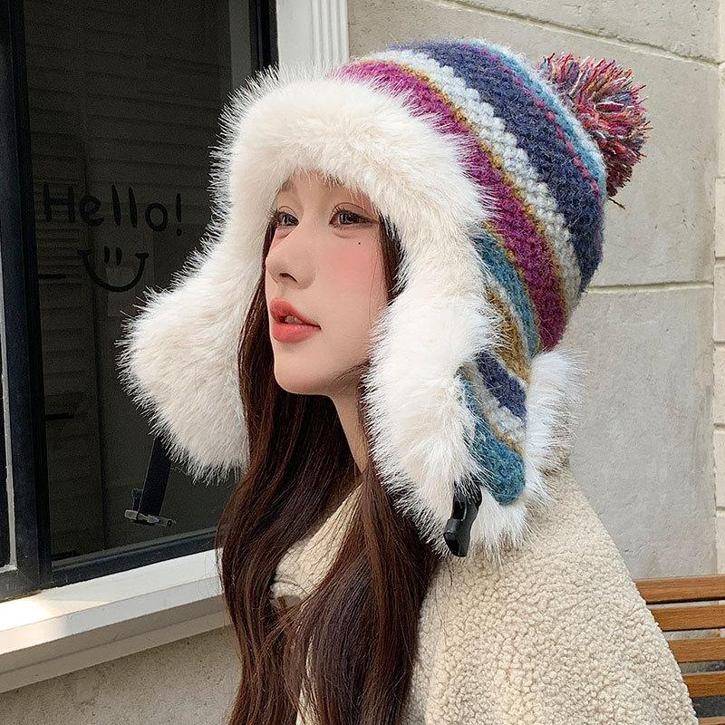 Warm Knitted Hat Women's Winter Color Striped Lei Feng Hat Outdoor Plush Hat