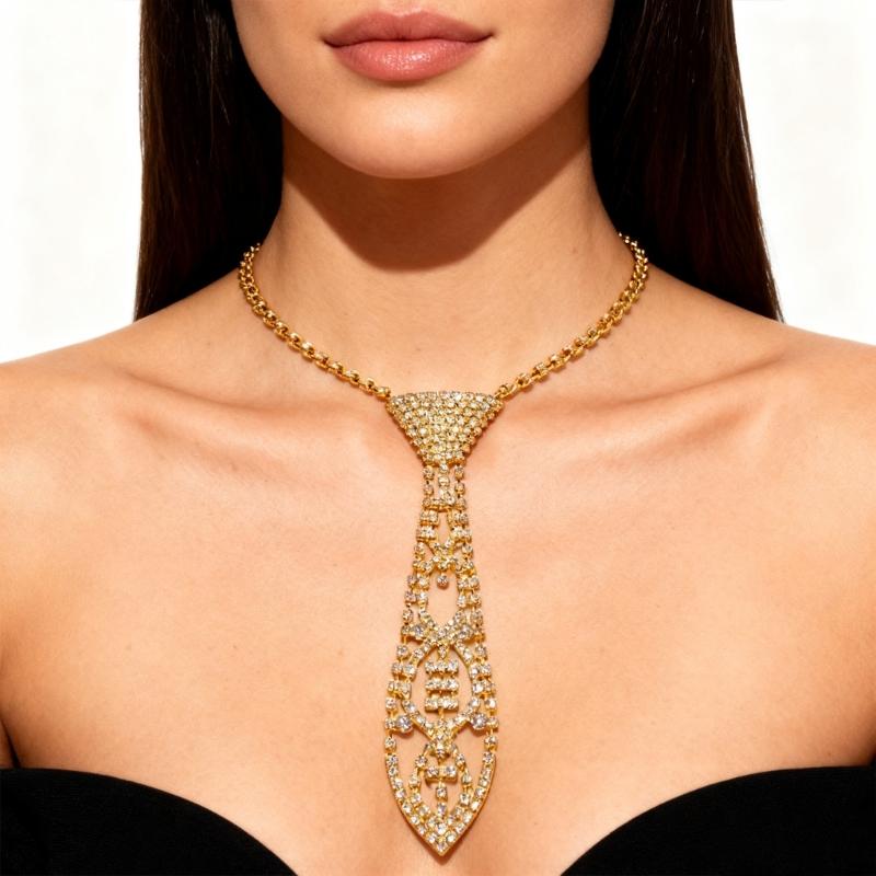 Luxury Rhinestones Necktie Adjustable Chain Tie Necklace For Professional Evening Occasion And Special Event Celebration