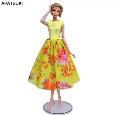 Fashion Doll Clothes For 11.5" Girl Doll Outfits Party Gown Yellow Top & Floral Midi Skirt 1/6 Dolls Accessories Kids Toy