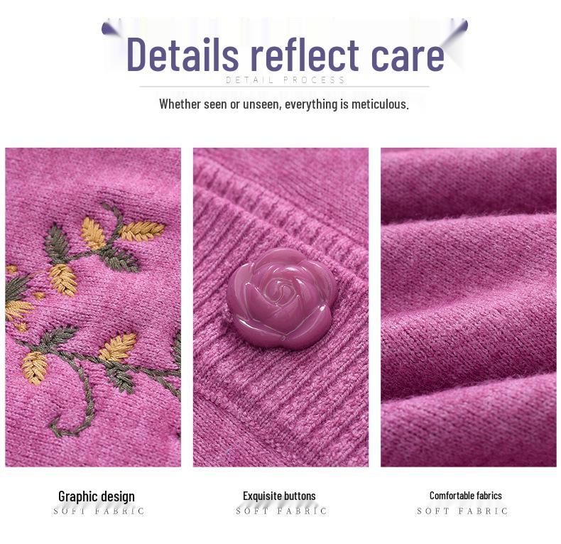 Dámský plusový sametový zesílený kardigan - Jarní a podzimní pletený svetr pro středního věku a starší