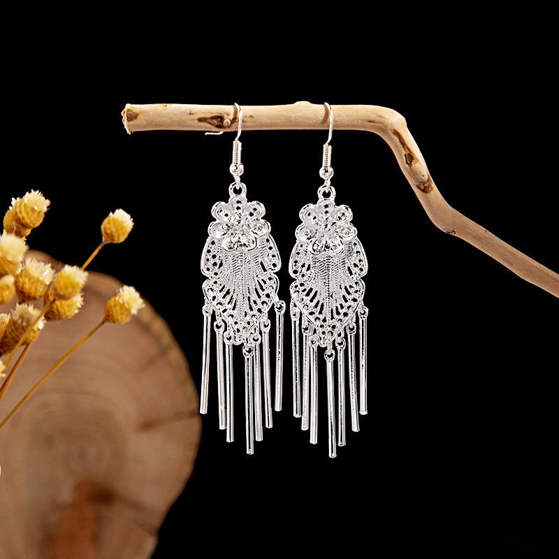 Ethnic Style Imitation Miao Silver Earrings, Colorful Long Fringed Chain Earrings, Hot-selling Earrings In Scenic Spots, Qinghe Jewelry Batches