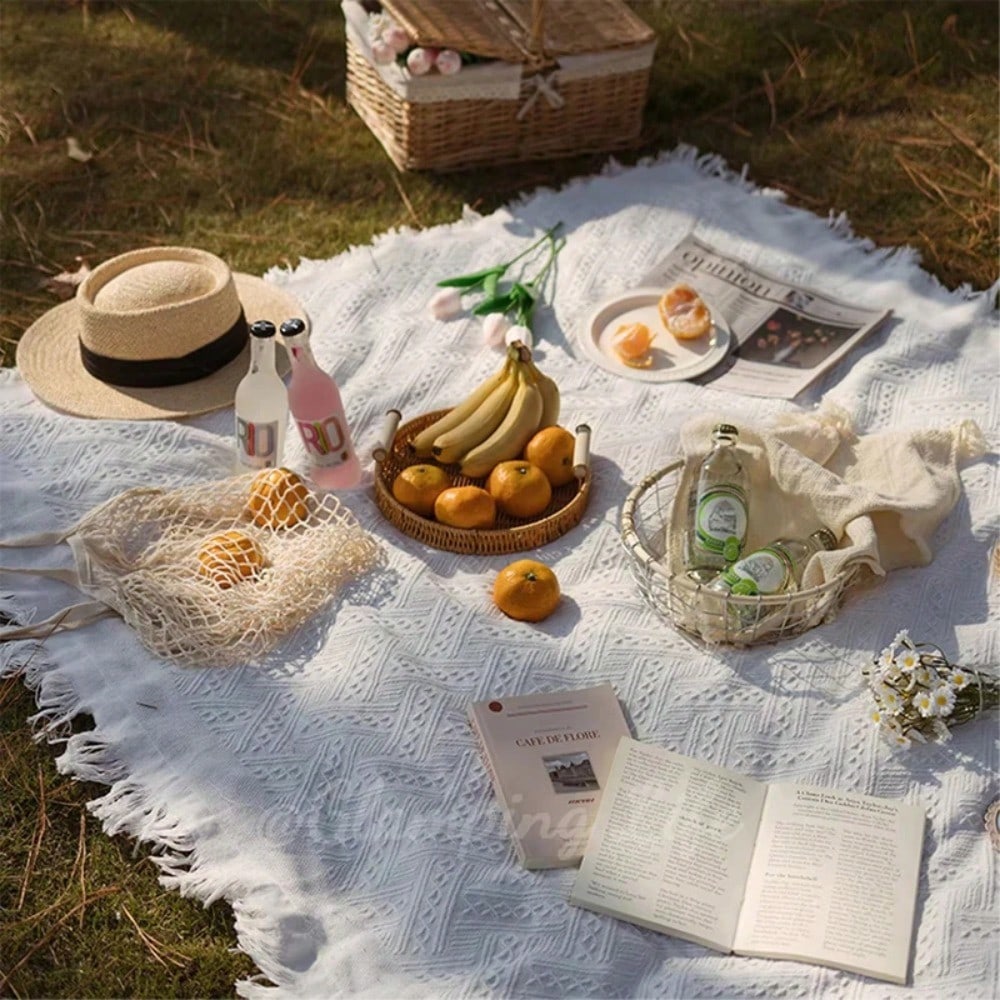 Portable White French Picnic Mat Universal Outdoor Tablecloth Sofa Cushion Camping Tent