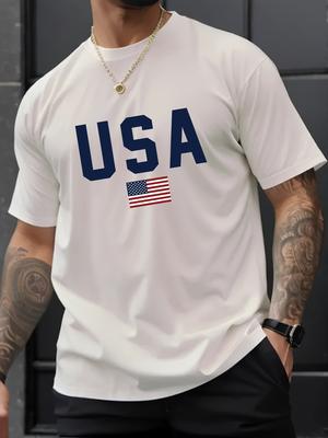 Męski T-shirt casual z okrągłym dekoltem i nadrukiem flagi USA, dzianina, regularny krój, krótki rękaw