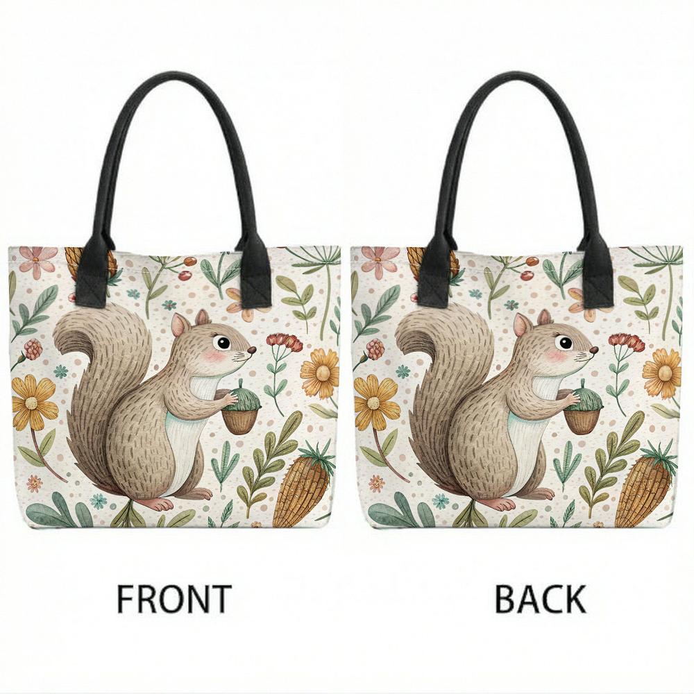 Cute Squirrel Floral Print Canvas Tote Bag Casual Portable Daily Shopping Handbag