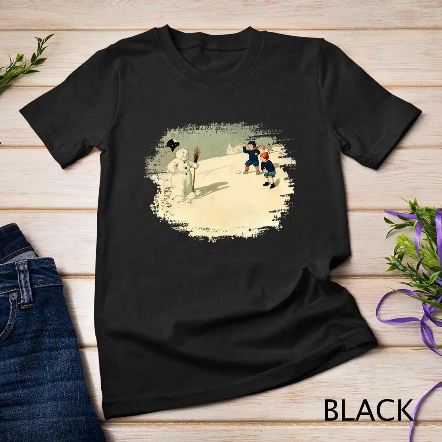 Vintage Christmas Card Kids and Snow Man Illustration T shirt S чёрный