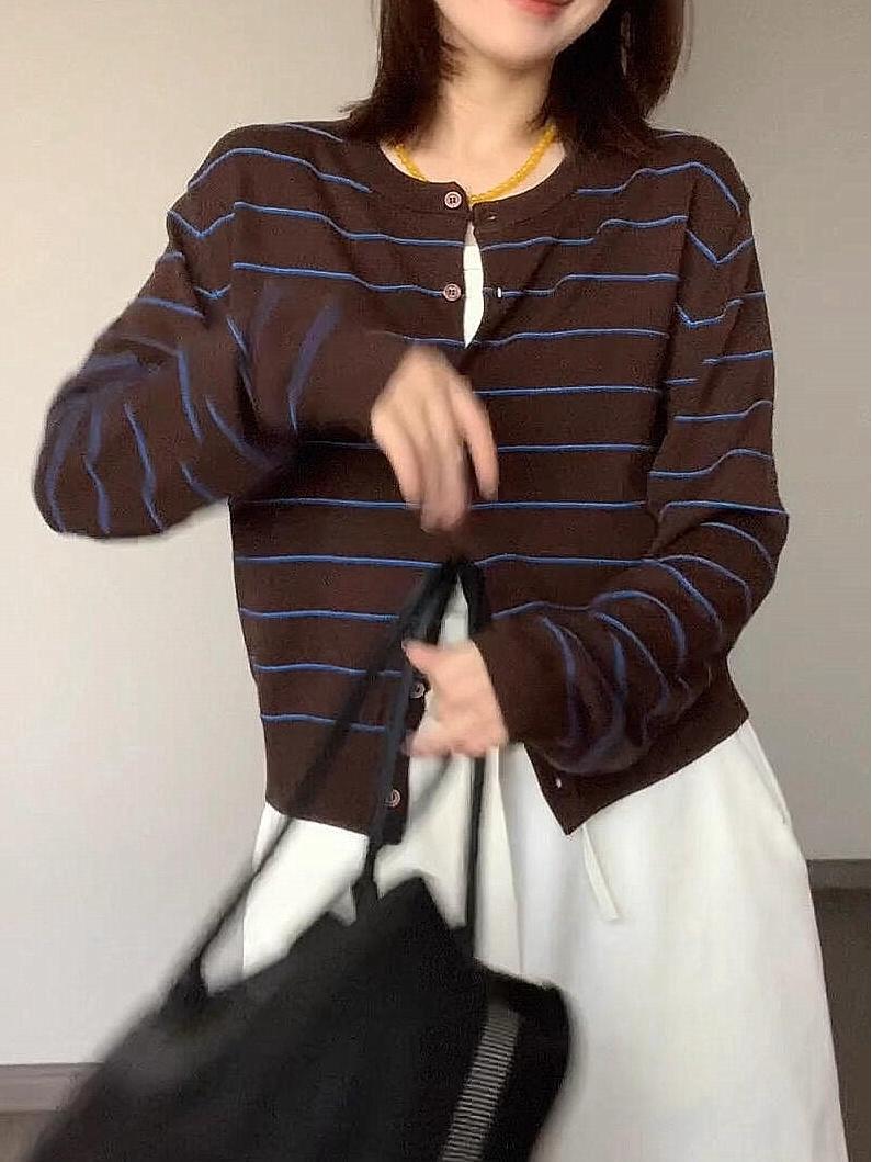 Высококлассный полосатый вязаный кардиган-пальто для женщин - Шикарный корейский осенний свитер One size